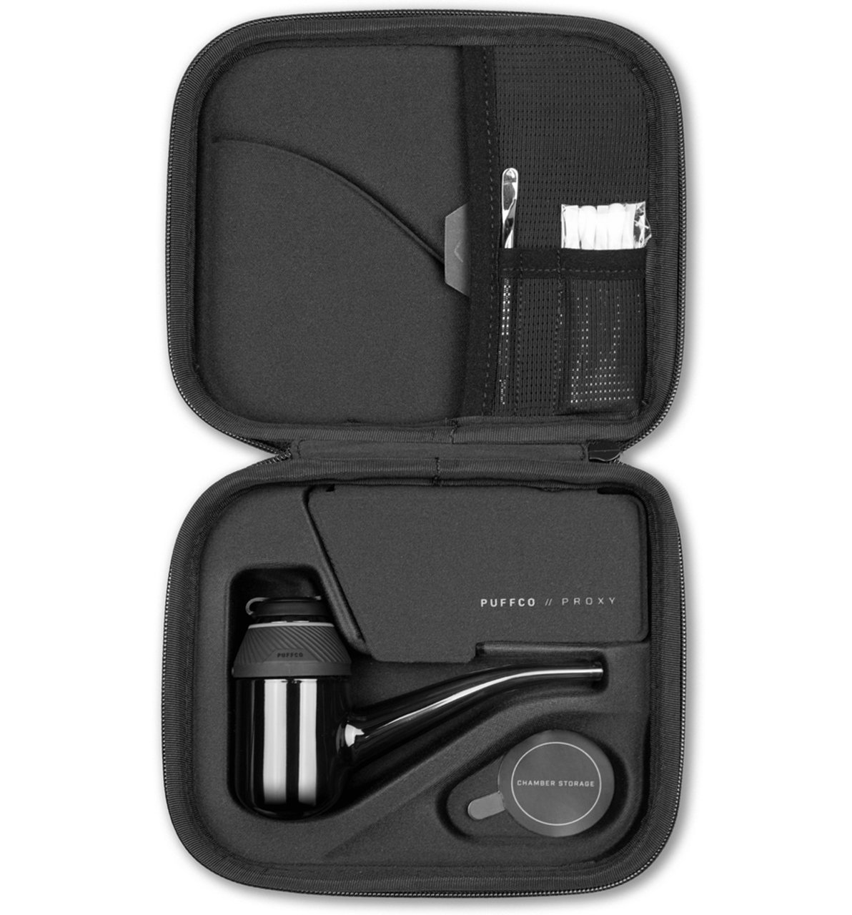 Puffco Proxy Vaporizer in black, portable ceramic and glass design with battery power, displayed in carrying case