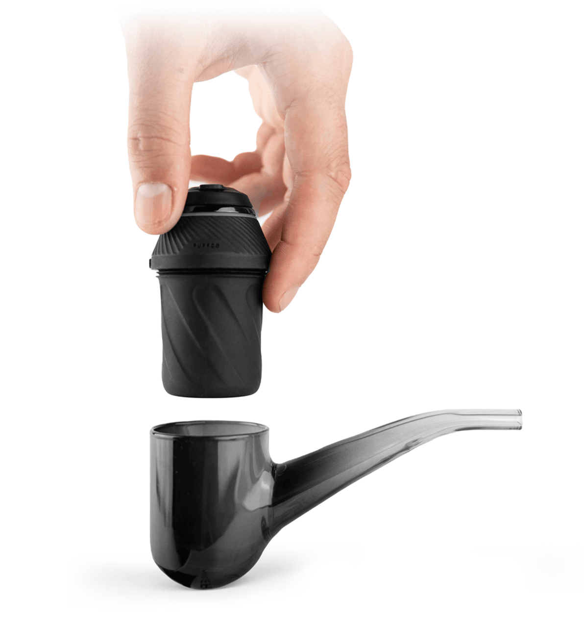 Compact Puffco Proxy Vaporizer in black, Sherlock design, for concentrates, with hand for scale