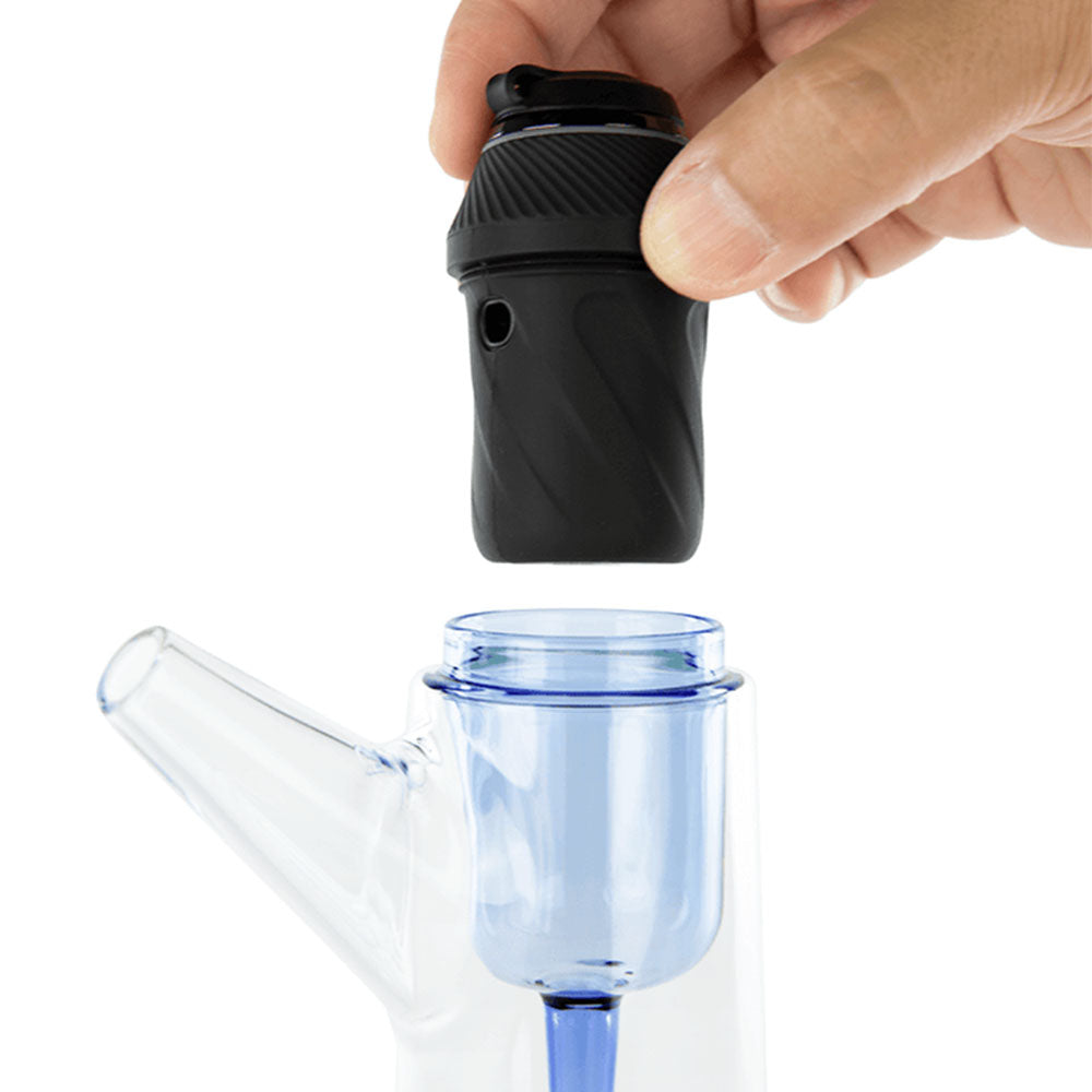 Puffco Proxy The Droplet Bubbler Attachment being placed on glass piece, close-up view