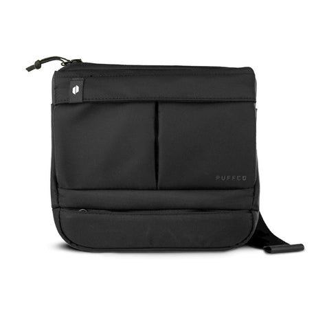 Puffco Proxy Travel Bag front view, black, compact and portable with secure compartments