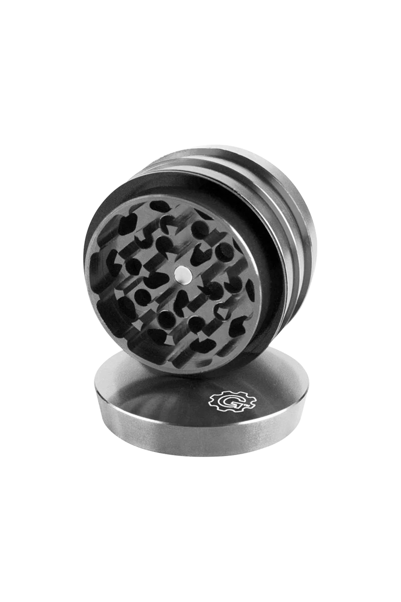 Pulsar 2" Aluminum 4pc Grinder, compact and portable design, in Silver, angled view with open top