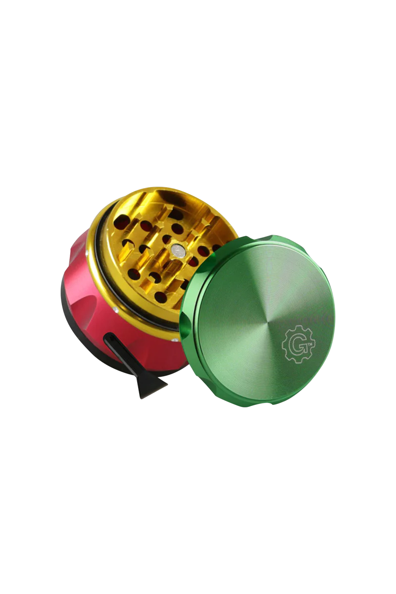 Pulsar 2" Carver 4-Piece Grinder in Rasta colors, compact design for easy travel, ideal for dry herbs.