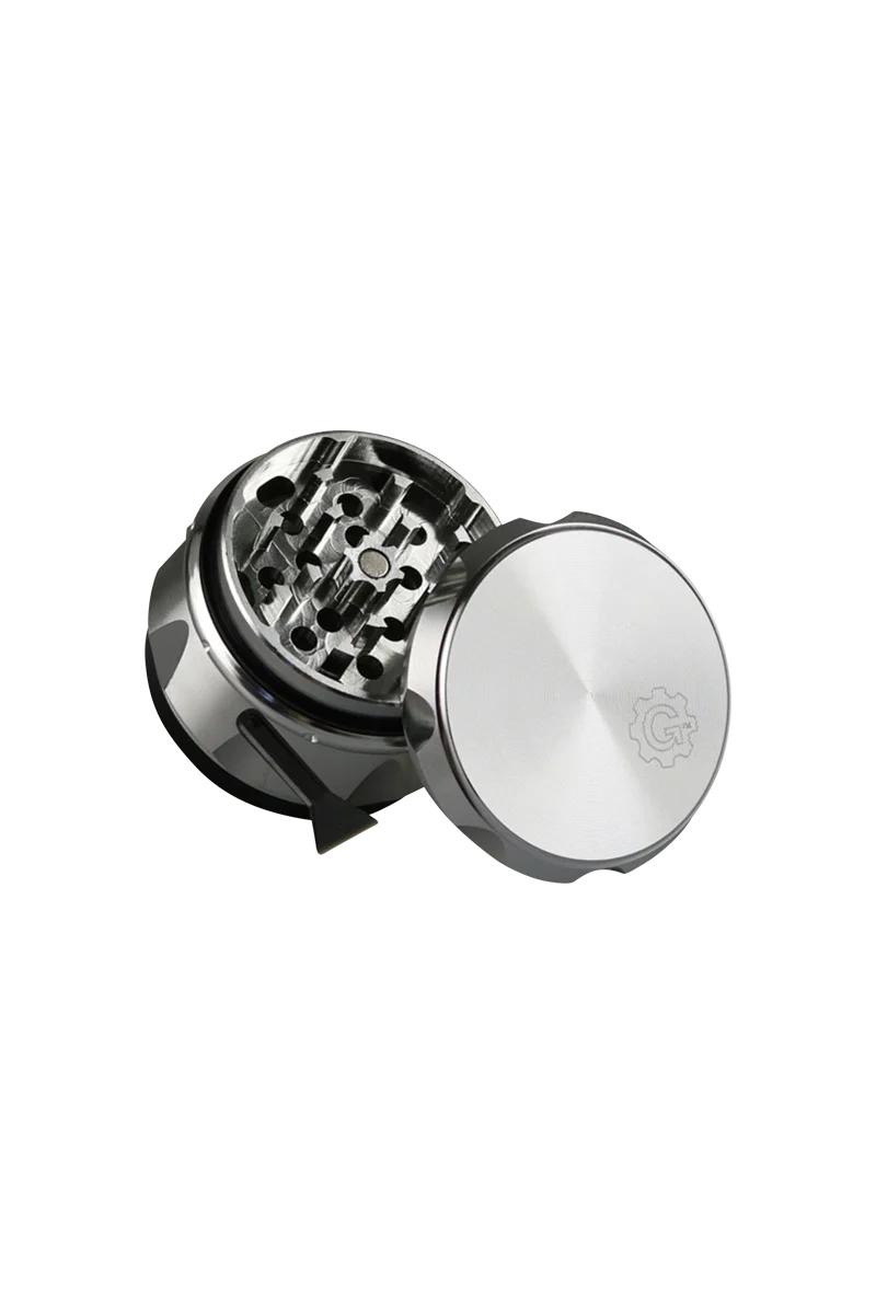 Pulsar 2" Carver 4-Piece Grinder in Silver Black, top view showing sharp teeth and smooth finish