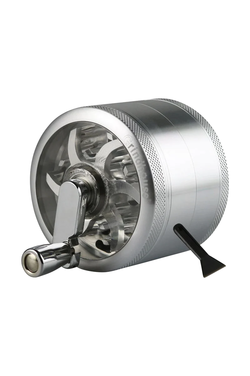 Pulsar 2.5" Silver Aluminum 4pc Grinder with Mill Crank for Dry Herbs, Angled View