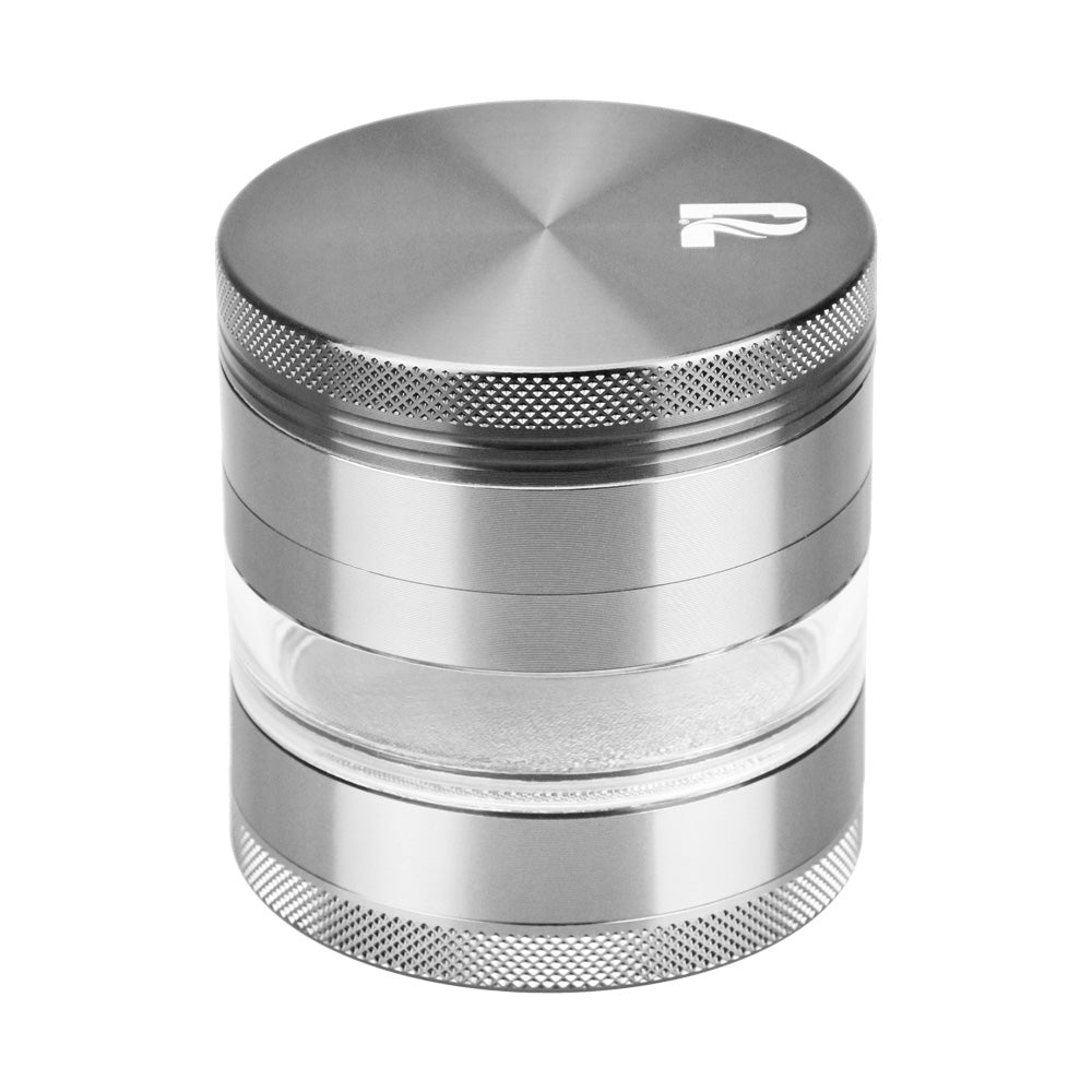 Pulsar 2.5" Aluminum 4-piece Grinder in Gun Metal Silver with Stash Window, Top View
