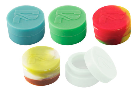 Assorted Pulsar 35mm Silicone Containers in various colors including Rasta, clear, and multicolor