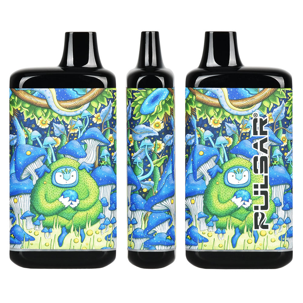 Pulsar 510 DL 2.0 Vape Bars with vibrant mushroom design, 650mAh, front and side views