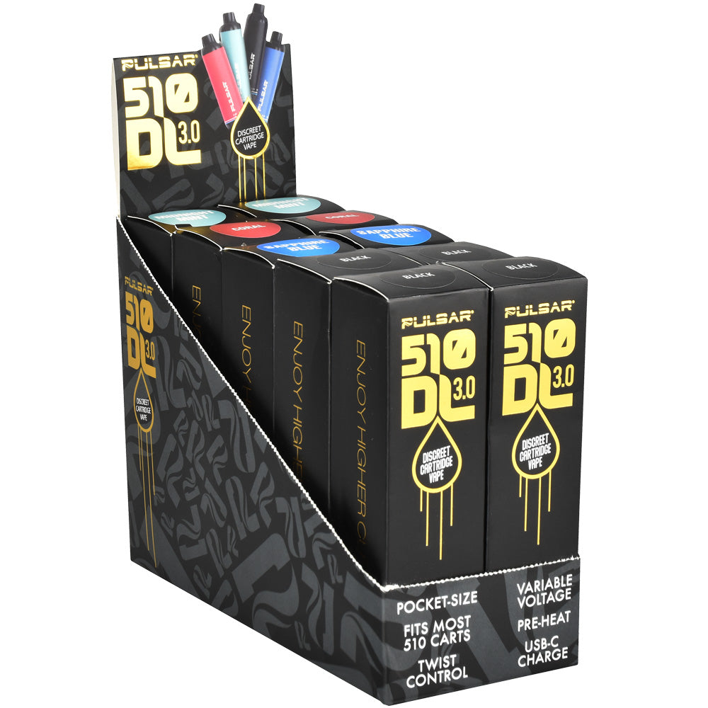 Pulsar 510 DL 3.0 Twist Vape Pens in display box, variable voltage, 650mAh, assorted colors