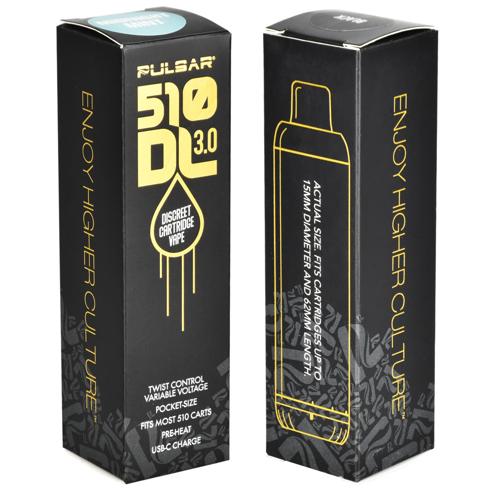 Pulsar 510 DL 3.0 Vape Pen packaging, 650mAh, variable voltage, USB charge, front and side view