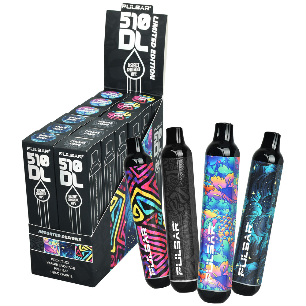 Pulsar 510 DL Vape Pens with vibrant design series, 320mAh, displayed with packaging