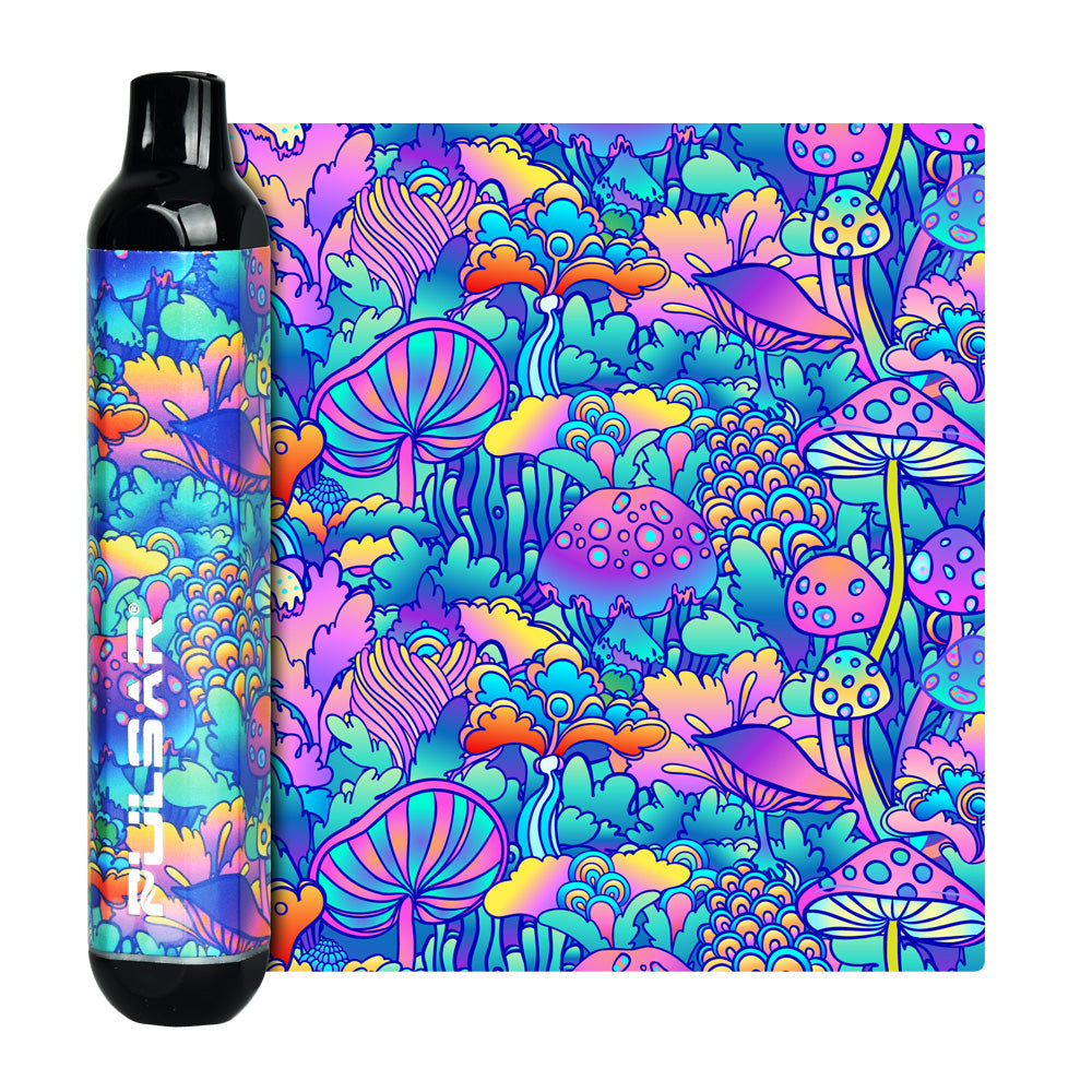 Pulsar 510 DL Vape Pen with vibrant psychedelic design, 320mAh, front view on patterned background