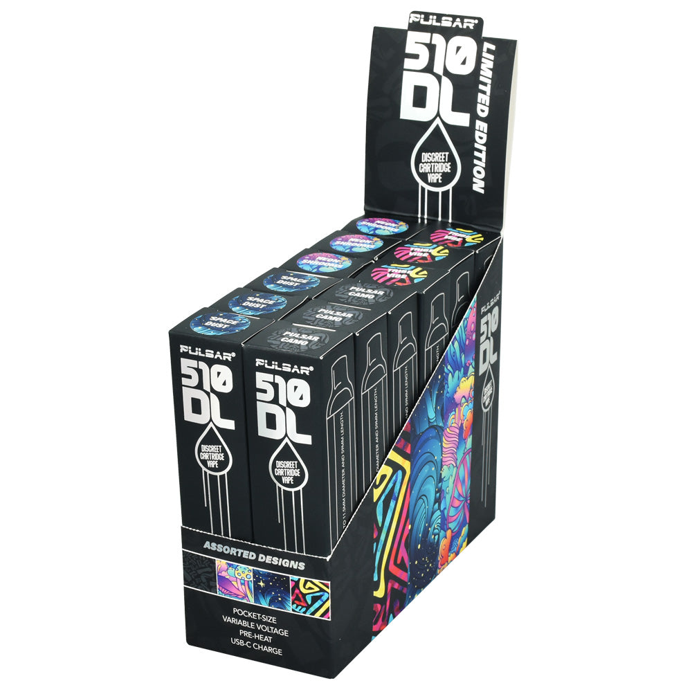 Pulsar 510 DL Auto-Draw VV Vape Pen display box with assorted design series, 320mAh, front view