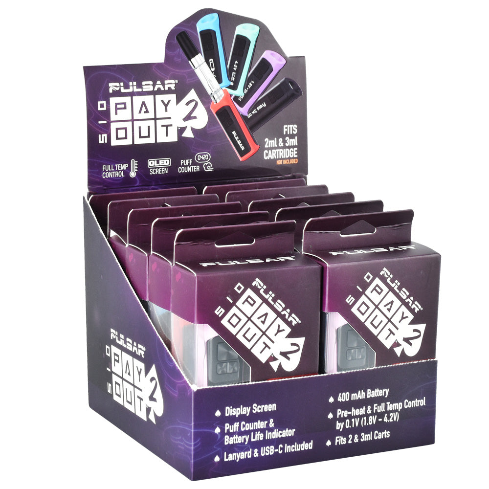 Pulsar 510 Payout 2.0 Vape Batteries display, featuring variable voltage and OLED screen