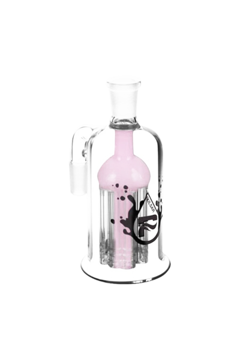 Pulsar 8 Arm Percolator Ash Catcher, 90 Degree 14mm Joint, Clear and Pink, Front View