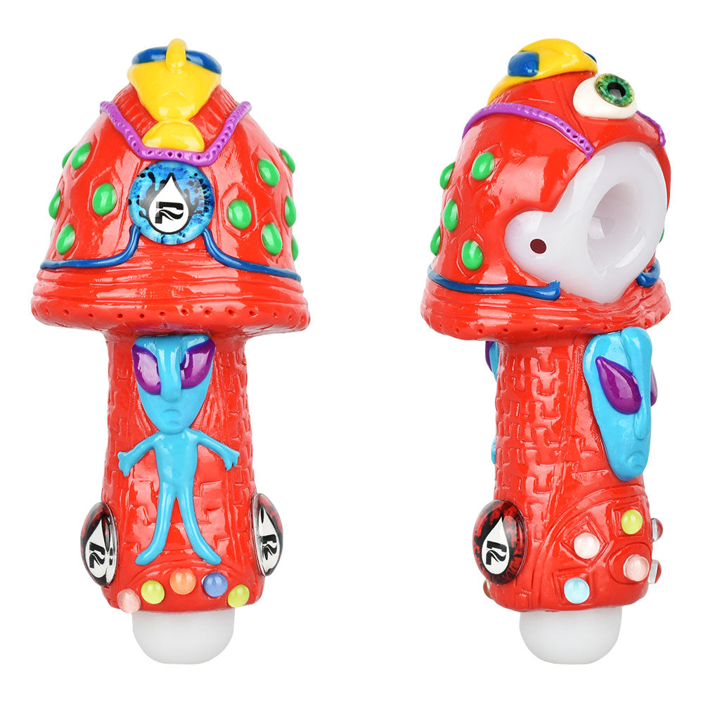 Pulsar Alien Mushroom Hand Pipe in Borosilicate Glass, Front and Side Views