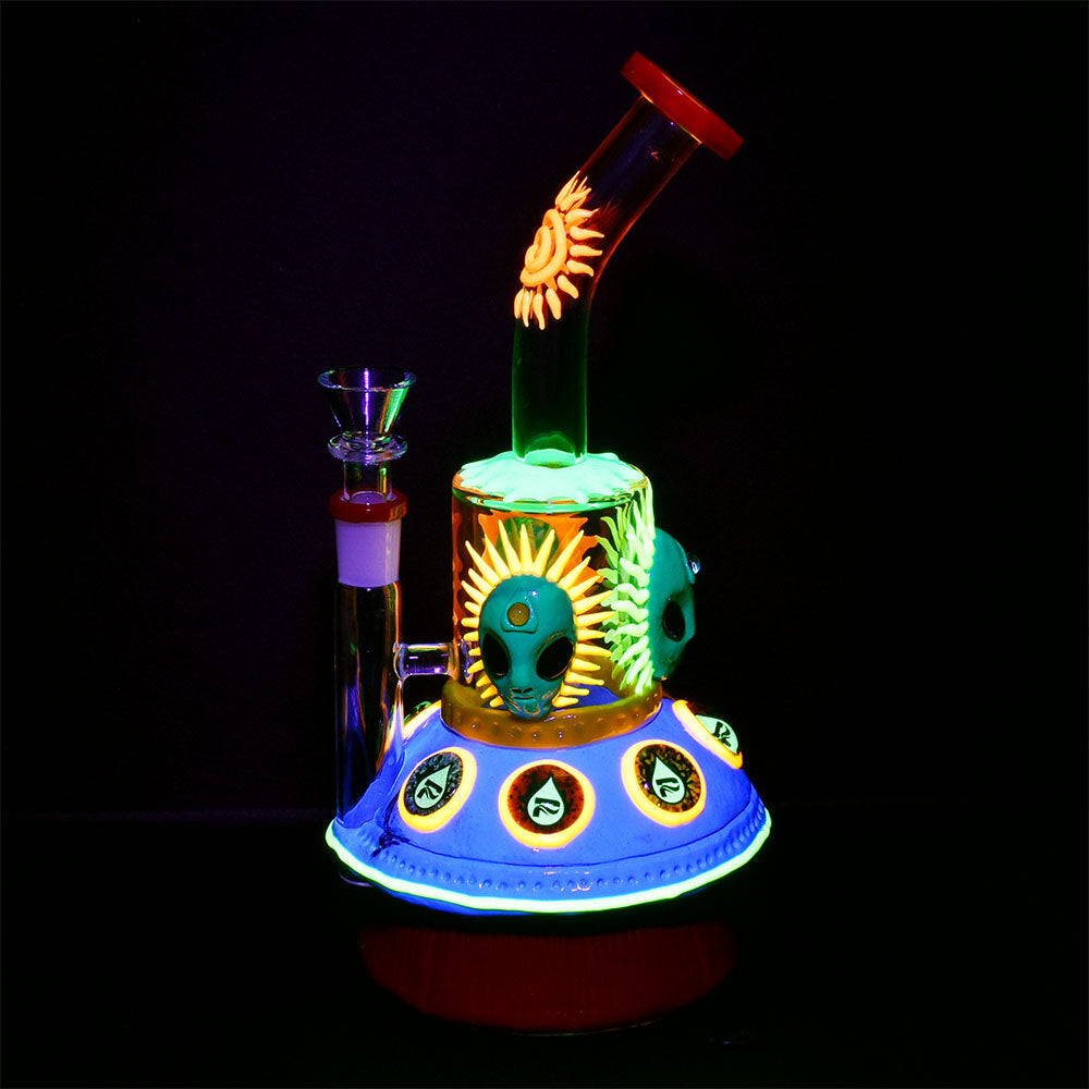 Pulsar Alien Spaceship Water Pipe, 9.5" Honeycomb Percolator, 14mm Female Joint, Glowing in Dark