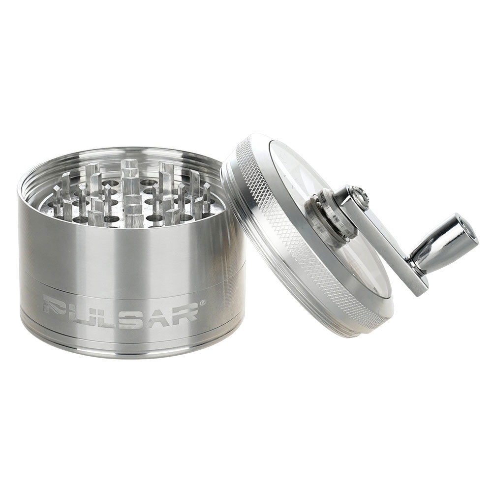 Pulsar Aluminum Crank Grinder, 4-piece with fine teeth, side view on white background