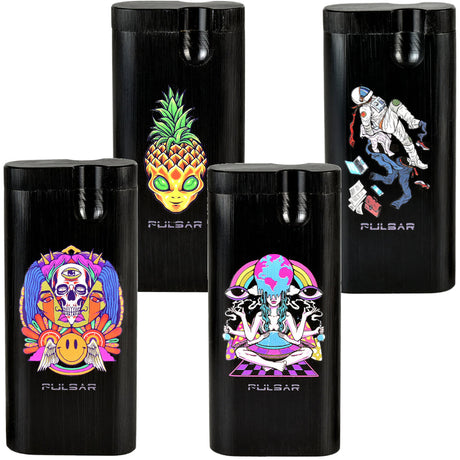 Pulsar Anodized Aluminum Dugouts with vibrant designs, 4" size, for dry herbs - Front View