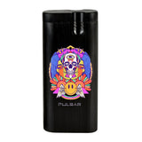 Pulsar Anodized Aluminum Dugout with Colorful Skull Design, 4" Hand Pipe for Dry Herbs, Front View
