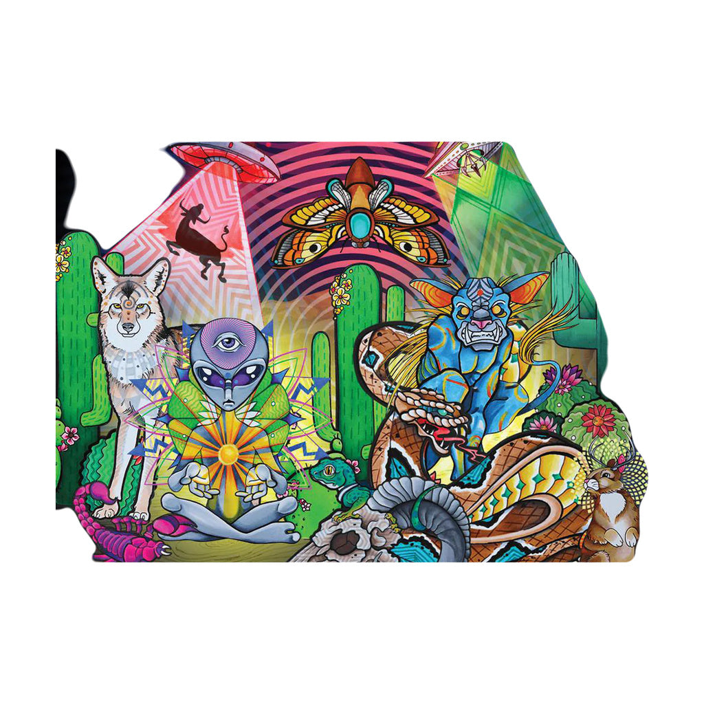 Psychedelic artwork with colorful creatures and cacti, perfect for a vibrant headshop backdrop