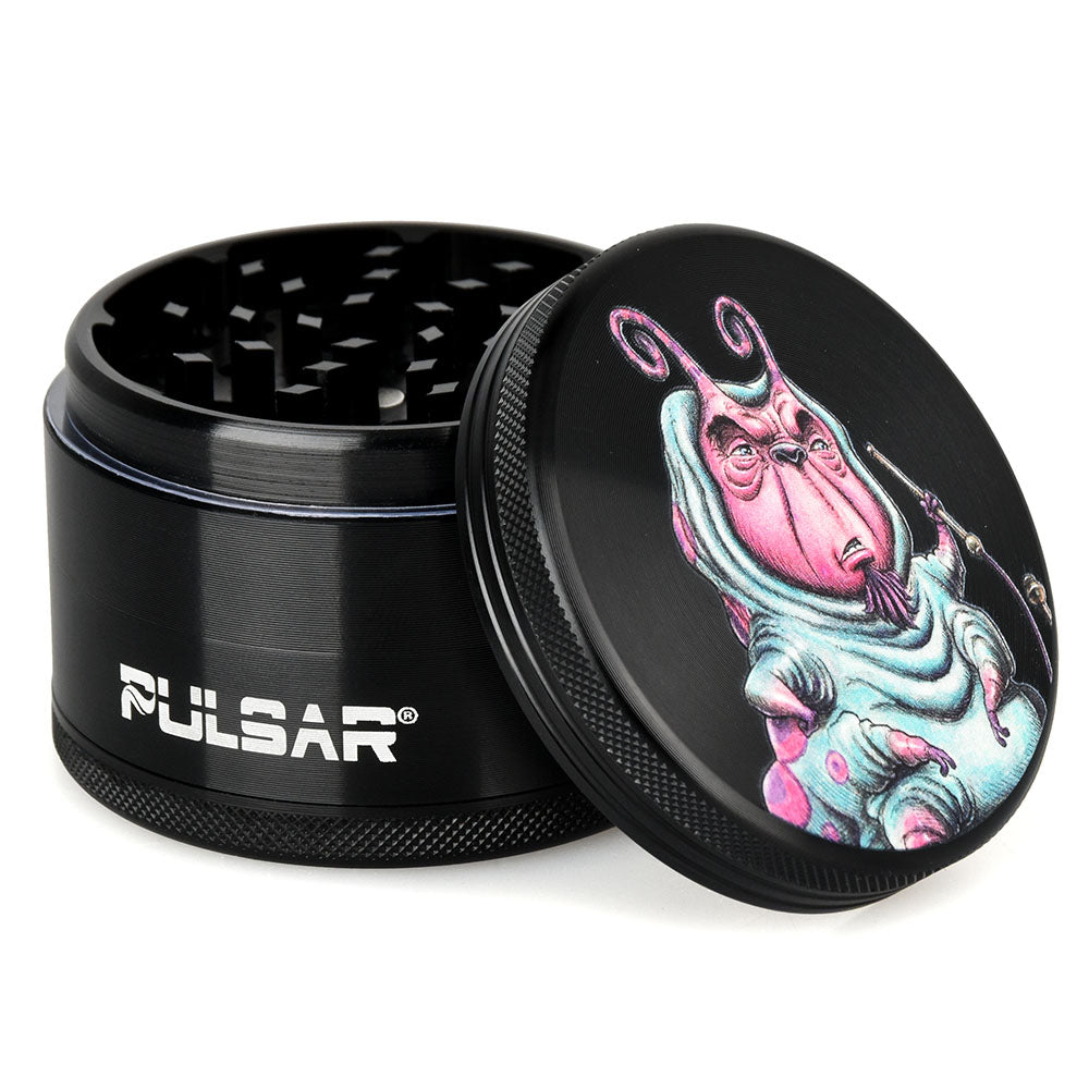 Pulsar Artist Series Metal Grinder with Malice Caterpillar design, 4-piece, angled view