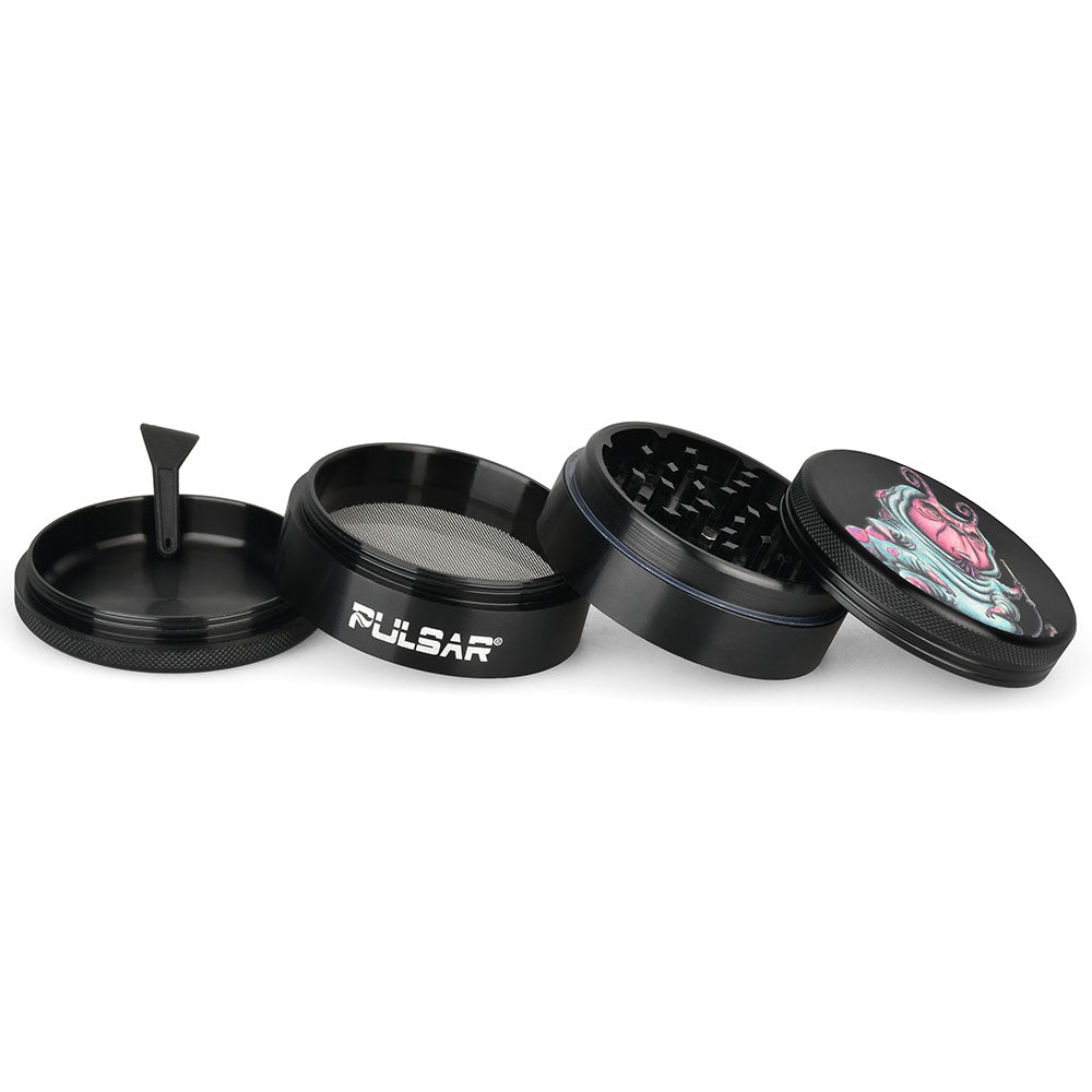 Pulsar Artist Series Metal Grinder with Malice Caterpillar design, 4-piece set on white background