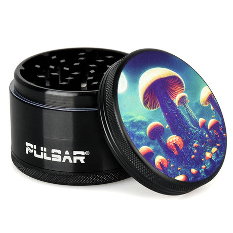 Pulsar Artist Series Metal Grinder with Planet Fungi design, 4-piece, 2.5" diameter, side view