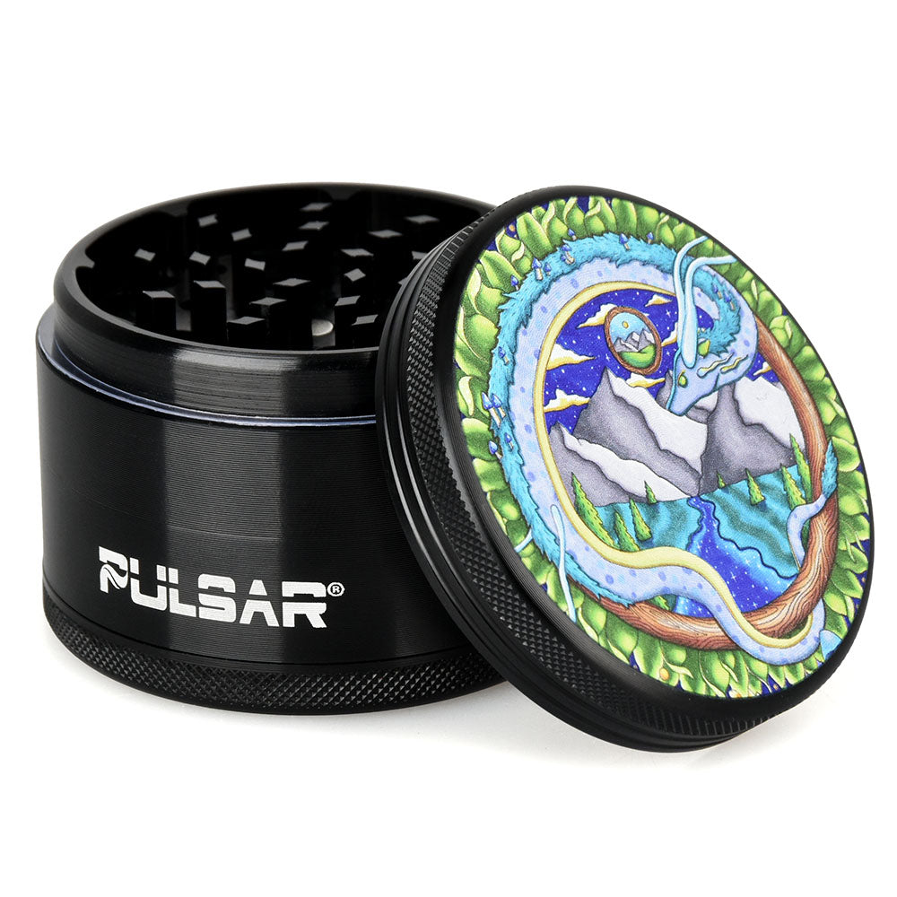 Pulsar Artist Series 4pc Metal Grinder with Remembering Dragon Design - Top and Side View
