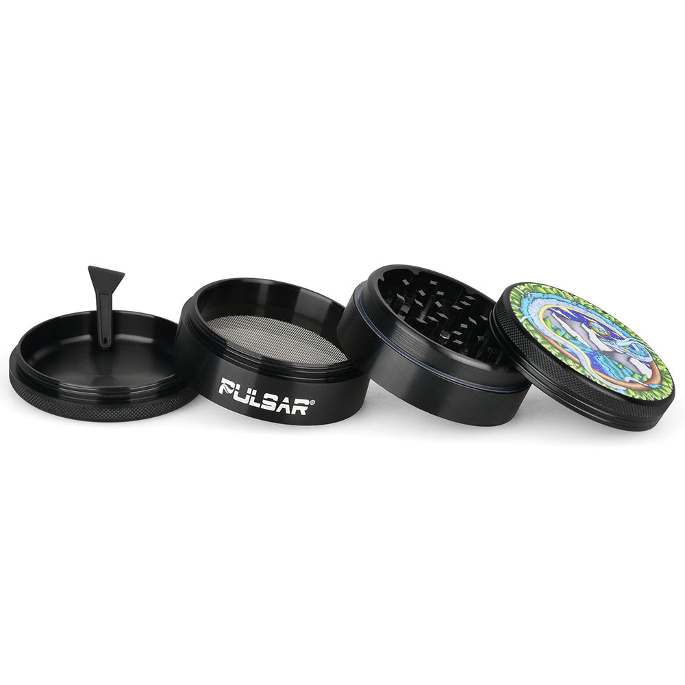 Pulsar Artist Series Metal Grinder with Remembering Dragon design, 4-piece set displayed open