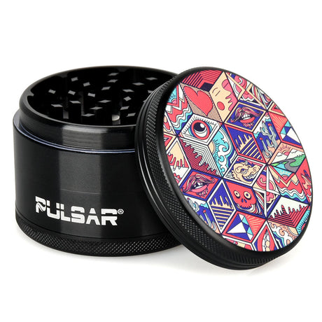 Pulsar Artist Series 4pc Metal Grinder, 2.5" with Symbolic Tiles Design, Side View