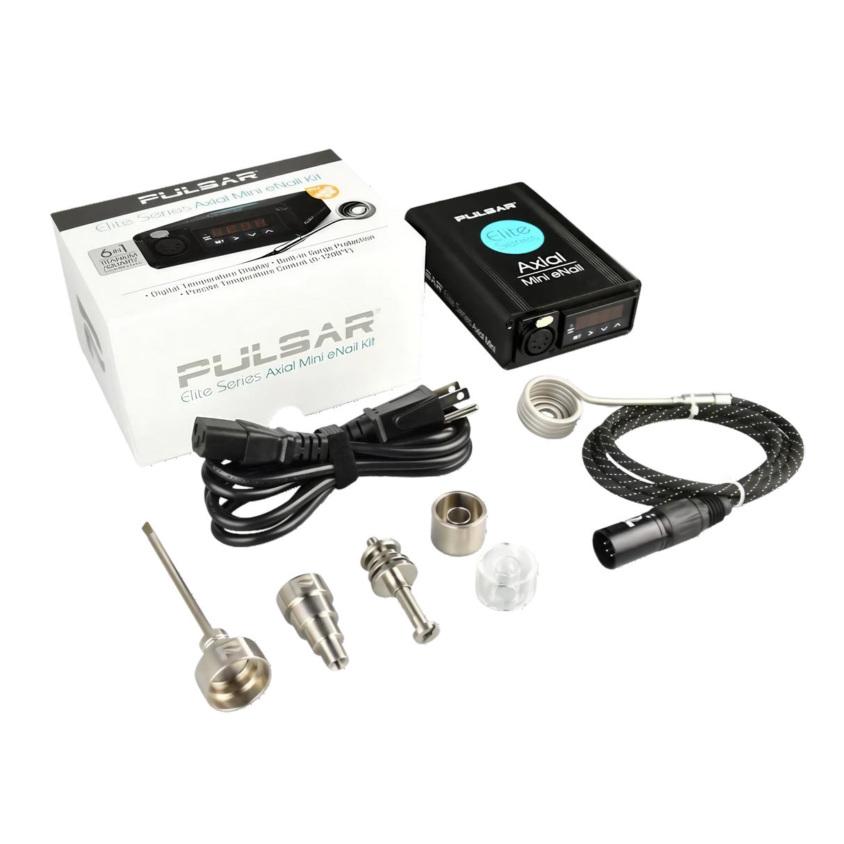 Pulsar Axial Mini eNail Kit for concentrates with 25mm steel nail, digital control box, and accessories