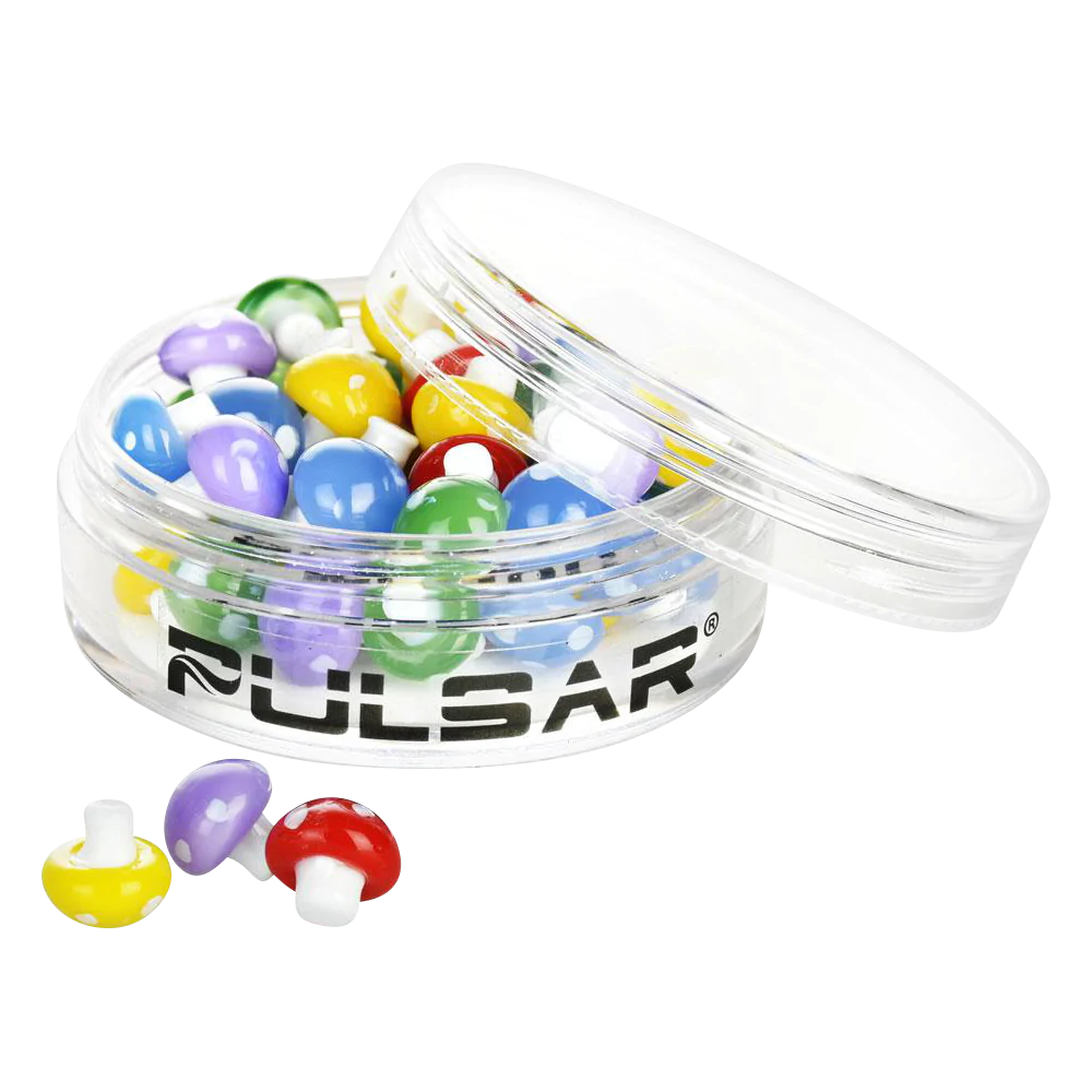 Pulsar Borosilicate Glass Banger Insert Beads, Mushroom Design, 50 Pack in Clear Container