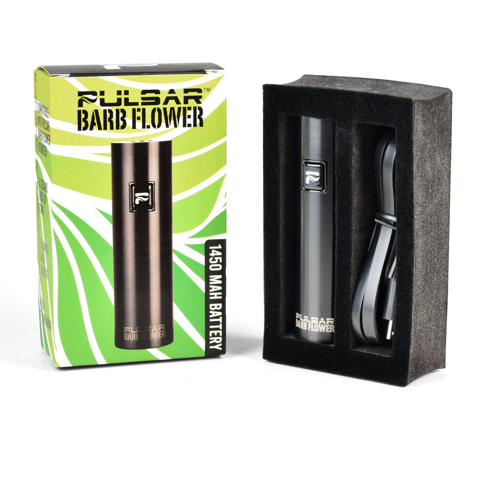 Pulsar Barb Flower Battery in steel with packaging and USB charger, ideal for vaporizers