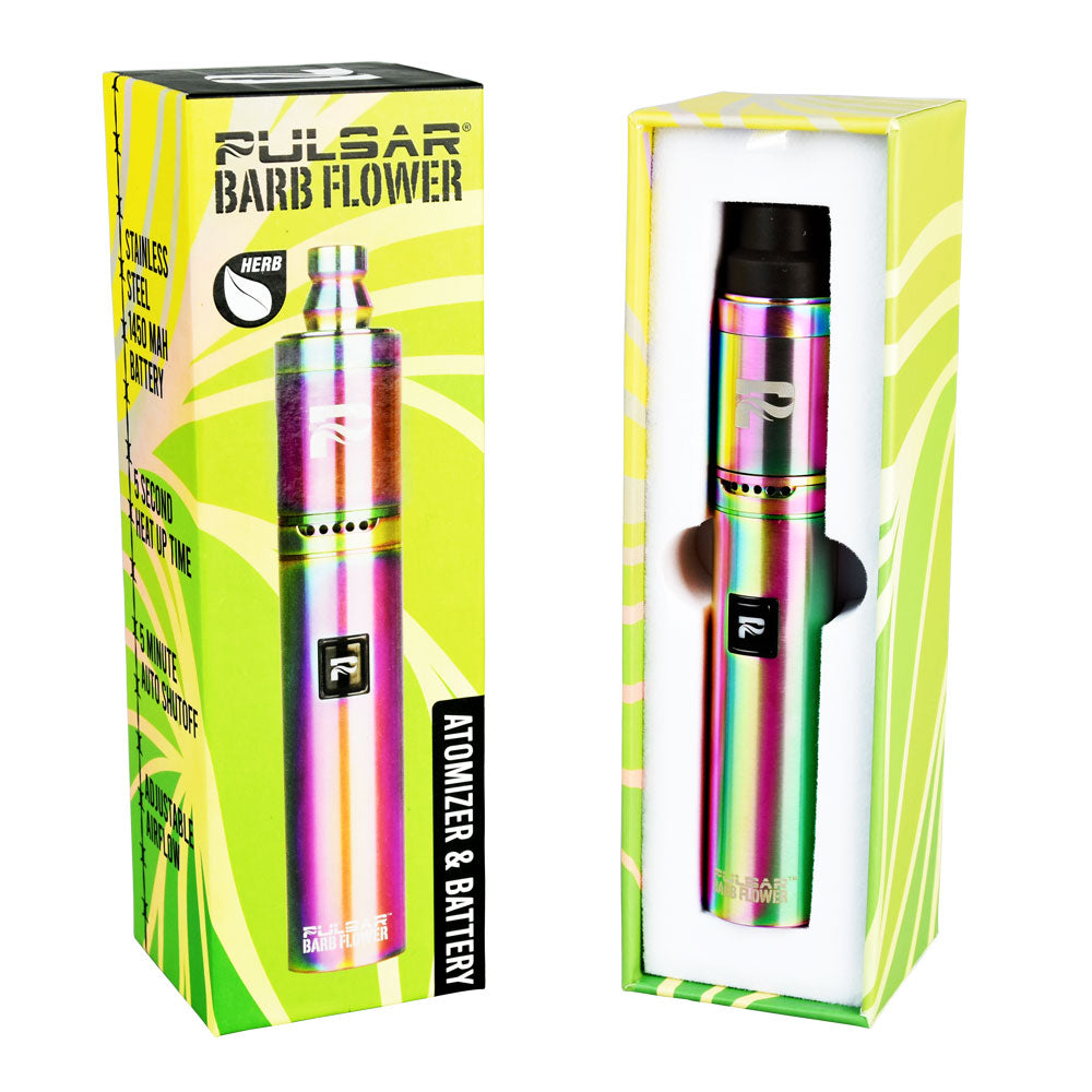 Pulsar Barb Flower Electric Pipe in Rainbow, displayed in box, for dry herbs, side view