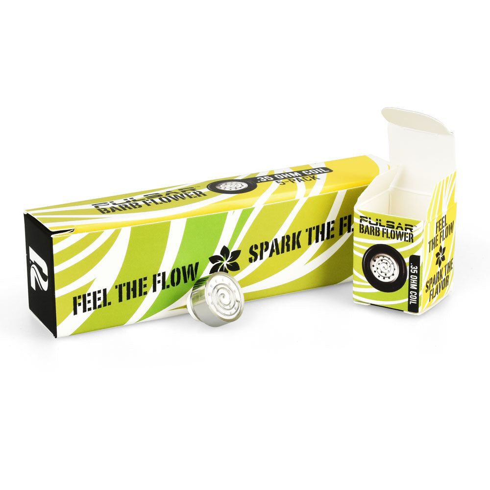 Pulsar Barb Flower Replacement Coil 5-Pack with packaging, angled view on white background