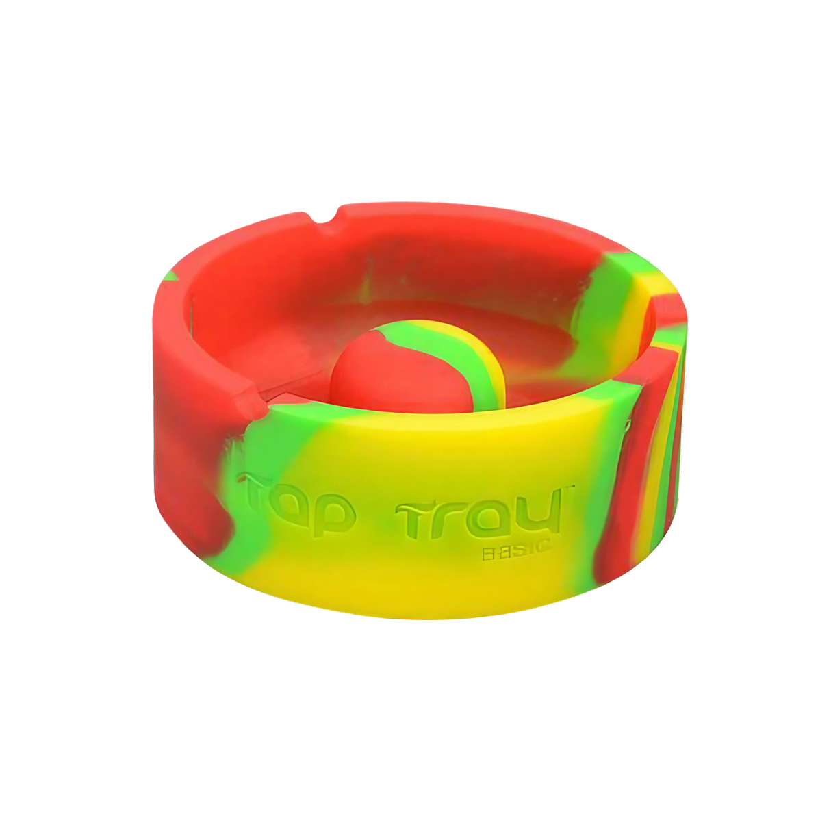 Pulsar Basic Tap Tray Ashtray in Rasta colors, durable silicone, 4" size, top view on white background