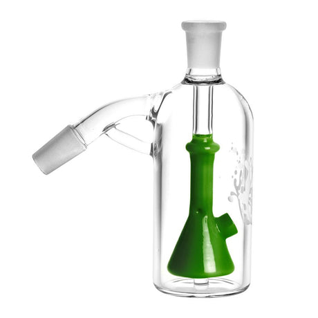 Pulsar Beaker Perc Ash Catcher in green, 45 degree angle joint, made of borosilicate glass, side view