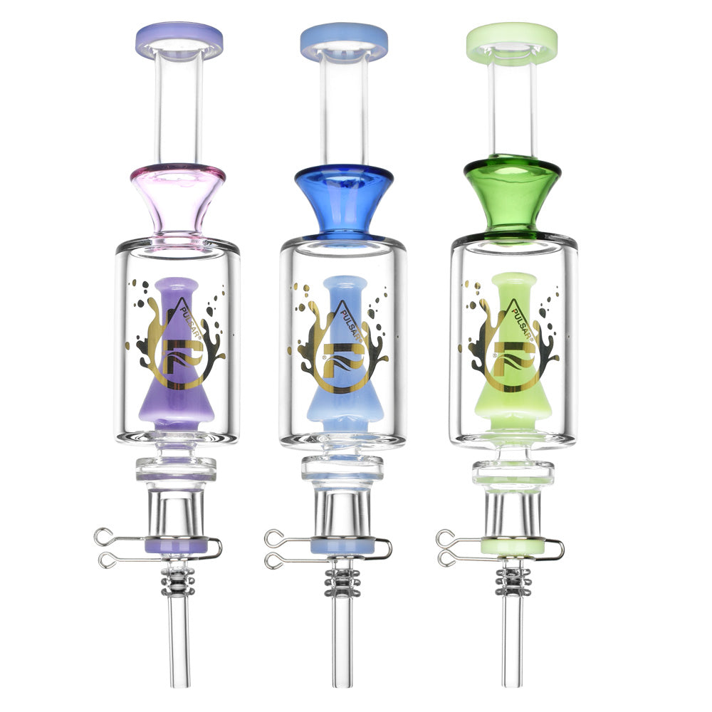 Pulsar Beaker Perc Vapor Vessels with Quartz Tips in Pink, Blue, Green - 8.5" 14mm Front View