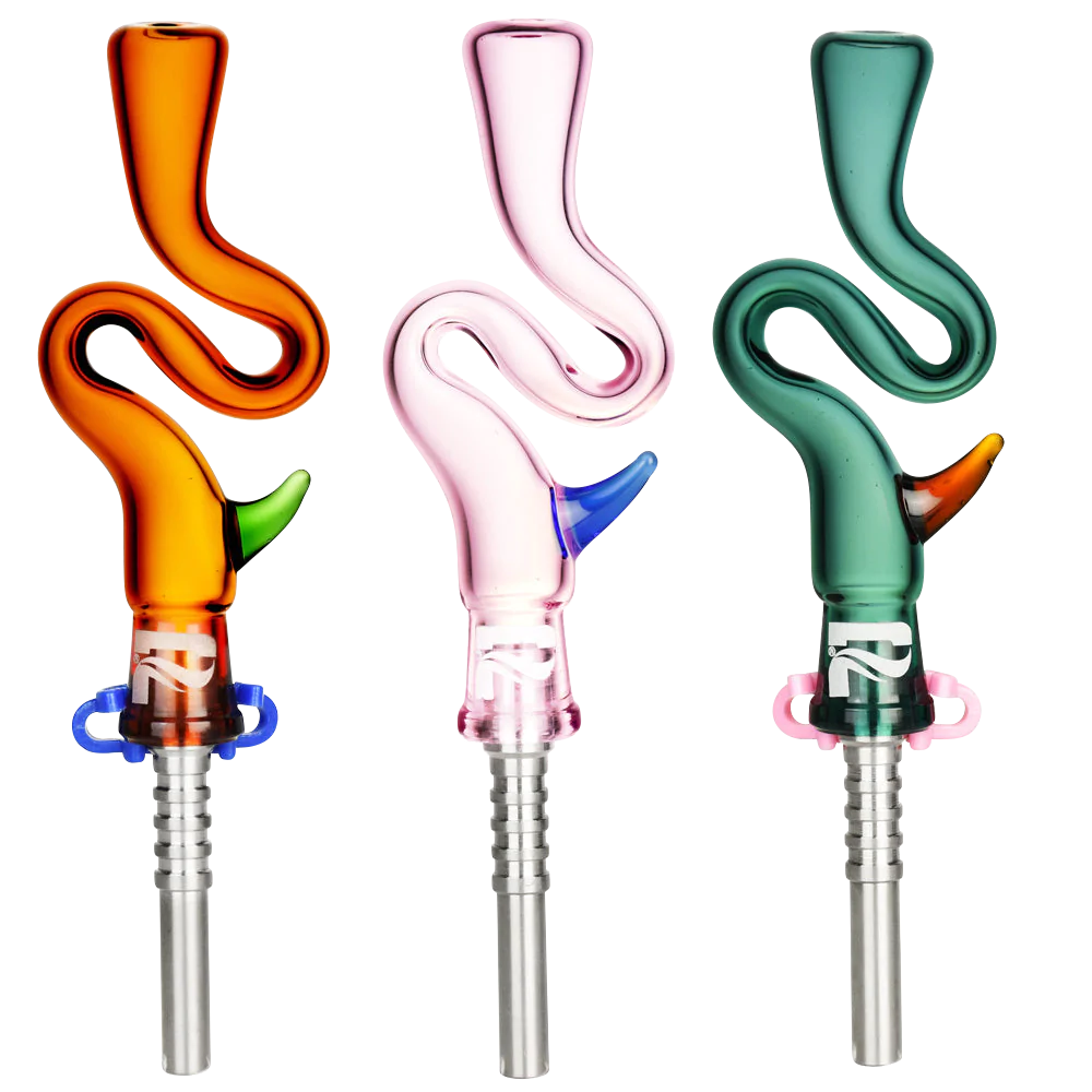 Pulsar Bendy Dab Straws with Horns in Orange, Pink, and Green, Portable Titanium Tip
