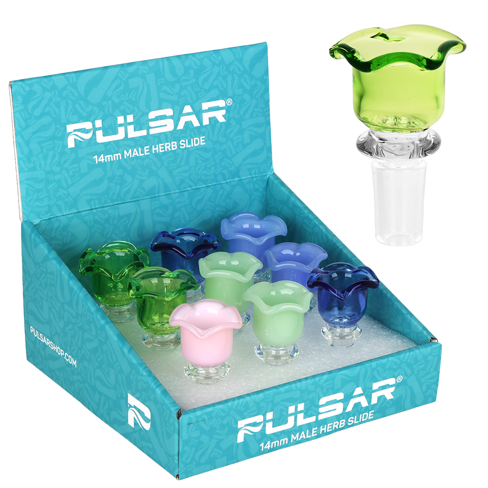 Pulsar Blissful Blossom 14mm male herb slide, a borosilicate glass bong bowl sold as a 9-pack display