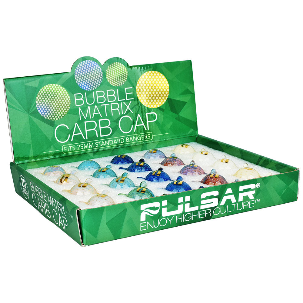Pulsar Bubble Matrix Carb Caps in assorted colors displayed in a 20-piece box