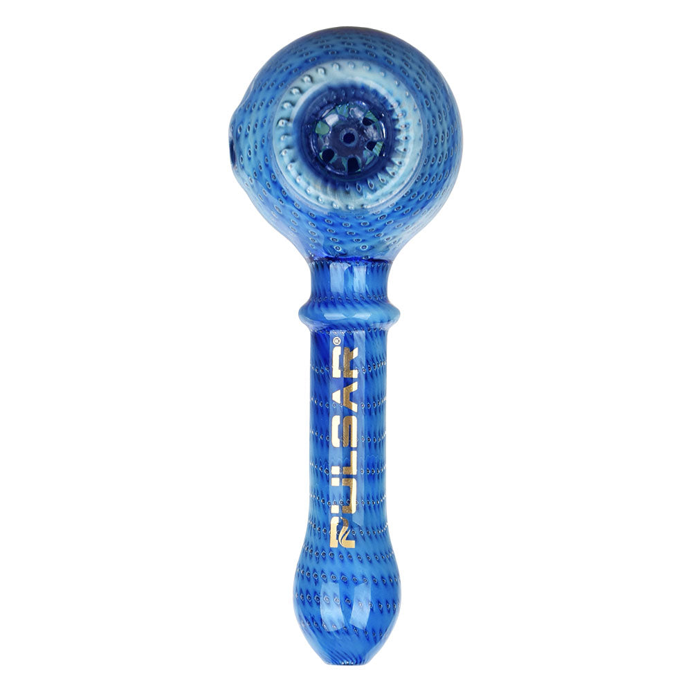 Pulsar Bubble Matrix Honeypot Spoon Pipe in Blue with Intricate Borosilicate Glass Design, Front View