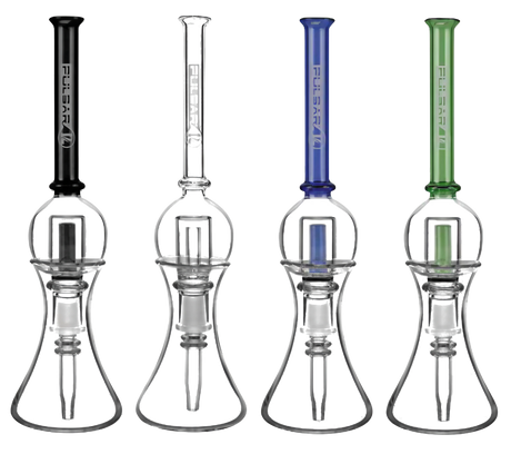 Pulsar Bubble Vapor Vessels with Quartz Tips & Stands in black, clear, blue, and green