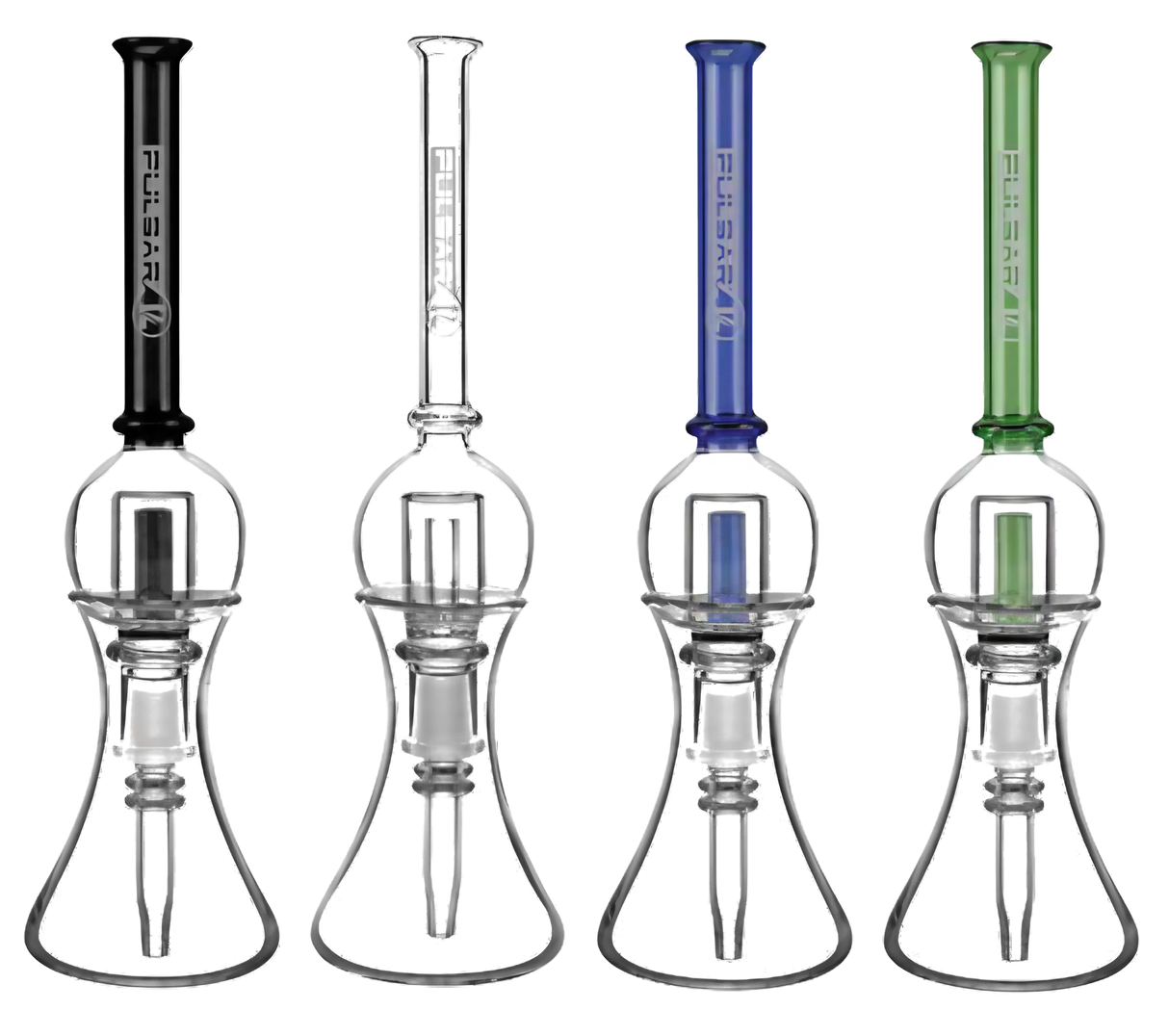 Pulsar Bubble Vapor Vessels with Quartz Tips & Stands in black, clear, blue, and green