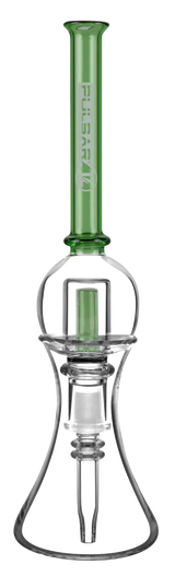 Pulsar Bubble Vapor Vessel with green quartz tip and clear stand, compact design for concentrates