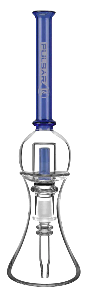 Pulsar Bubble Vapor Vessel with blue quartz tip and clear stand, portable design, front view