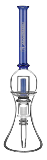 Pulsar Bubble Vapor Vessel with blue quartz tip and clear stand, portable design, front view