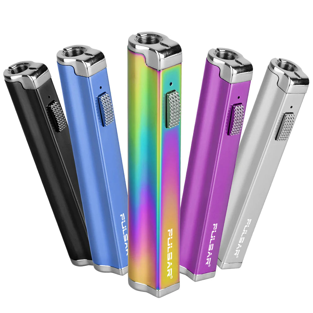 Assorted colors of Pulsar Clutch 510 VV Batteries for vaporizers, displayed side by side.
