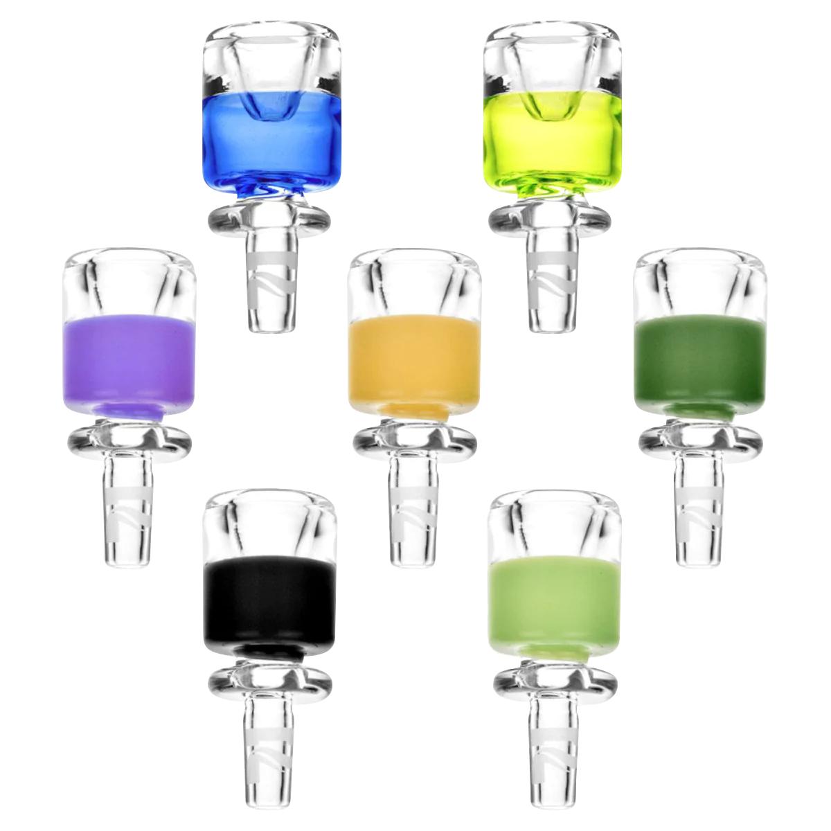 Assorted Pulsar Colored Glass Herb Slides in various sizes for bongs, front view on white background