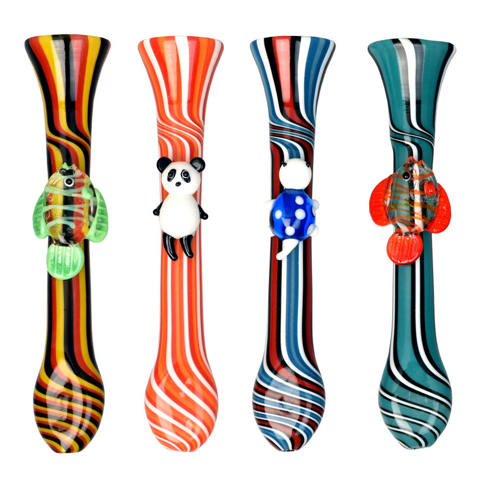 Pulsar Borosilicate Glass Taster Bats with Colorful Stripes and Animal Accents, Front View